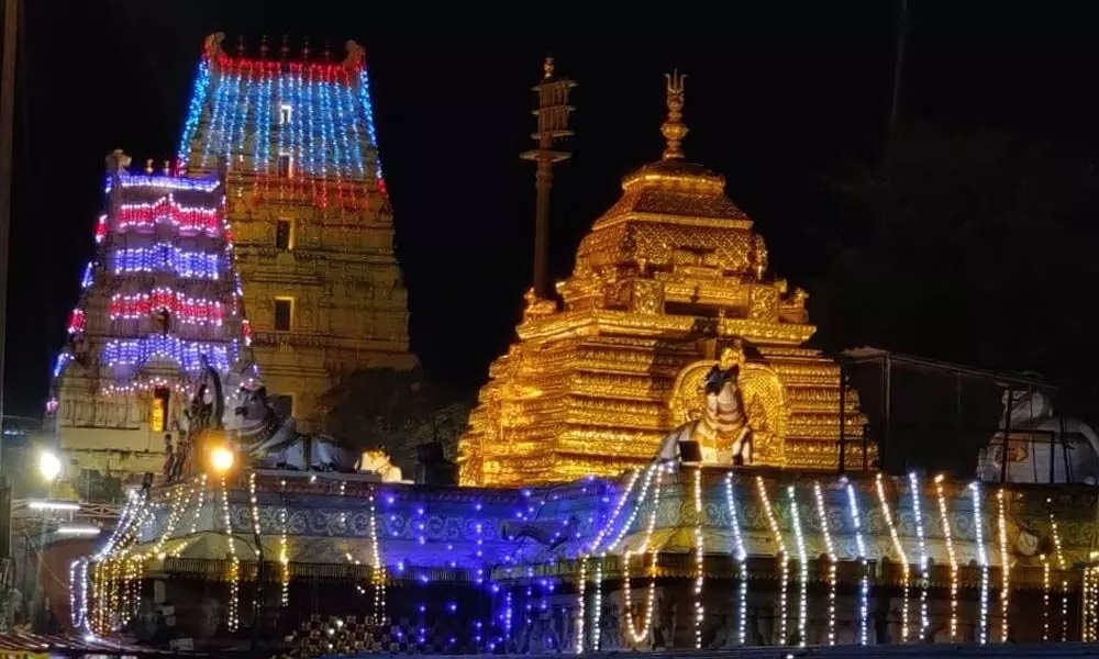 Srisailam temple decorated with lights to mark the Sankranti Brahmotsavams on Wednesday