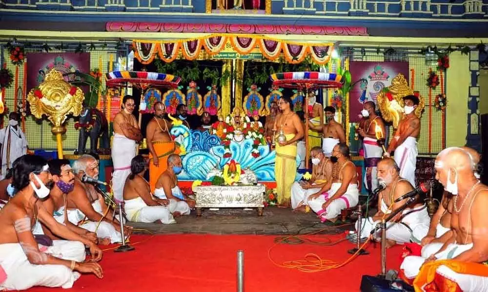 The float festival being conducted at Lord Rama temple in a simple way in Bhadrachalam on Wednesday
