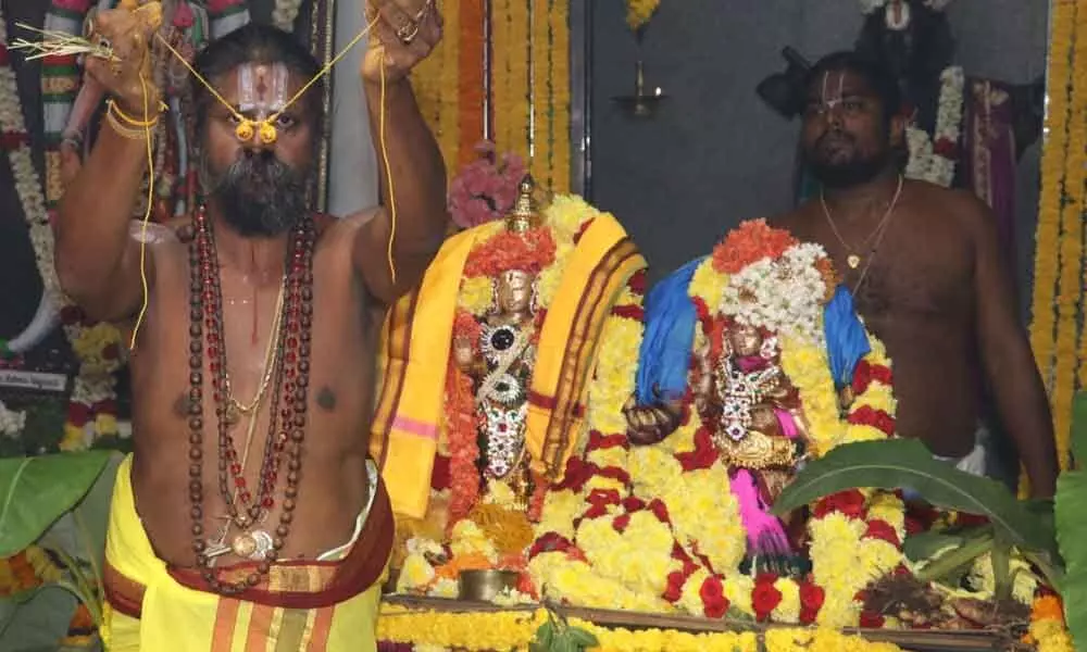 A TTD priest performing Goda Kalyanam to mark the conclusion of the month-long discourse on Andal Thiruppavai in Annamacharya Kalamandiram in Tirupati on Friday