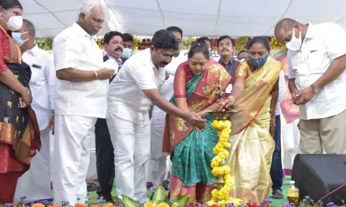 Ministers Adimulapu Suresh and Mekathoti Sucharita lighting the lamp to mark the inauguration of silver jubilee celebrations of Kakumanu ZPHS at Kakumanu in Guntur district on Sunday