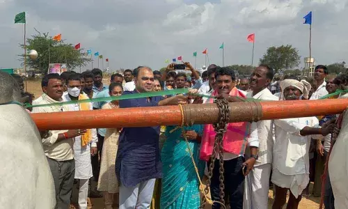 Stone pulling by bullocks competition held at Mahaboob Sani Ursu in Narva mandal of Gadwal district on Monday