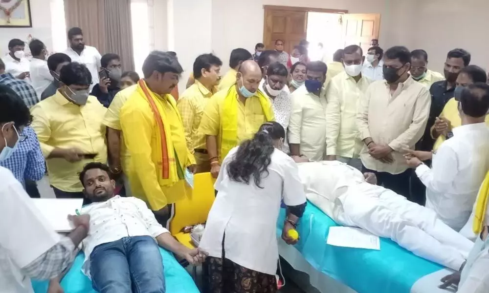 A blood donation camp organised at the TDP office in Visakhapatnam on Tuesday