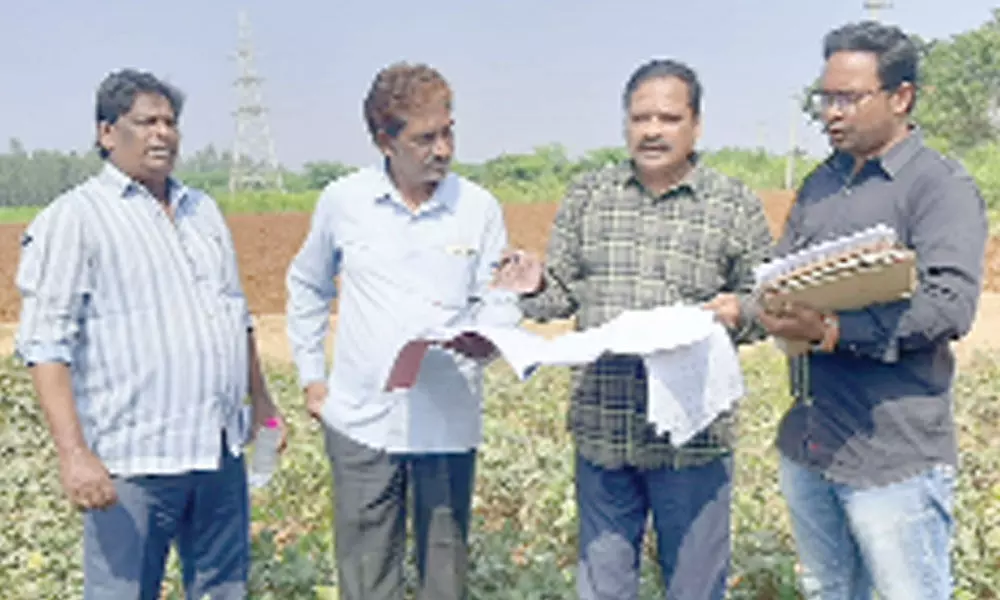 Prakasam district SC Corporation ED Tutika Srinivasa Viswanadh and revenue staff inspecting the lands of SCs to be released from mortgage in Kandukur Assembly constituency on Wednesday