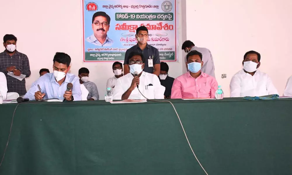 Transport Minister Puvvada Ajay Kumar addressing a review meeting on Covid-19 in Kothagudem on Wednesday