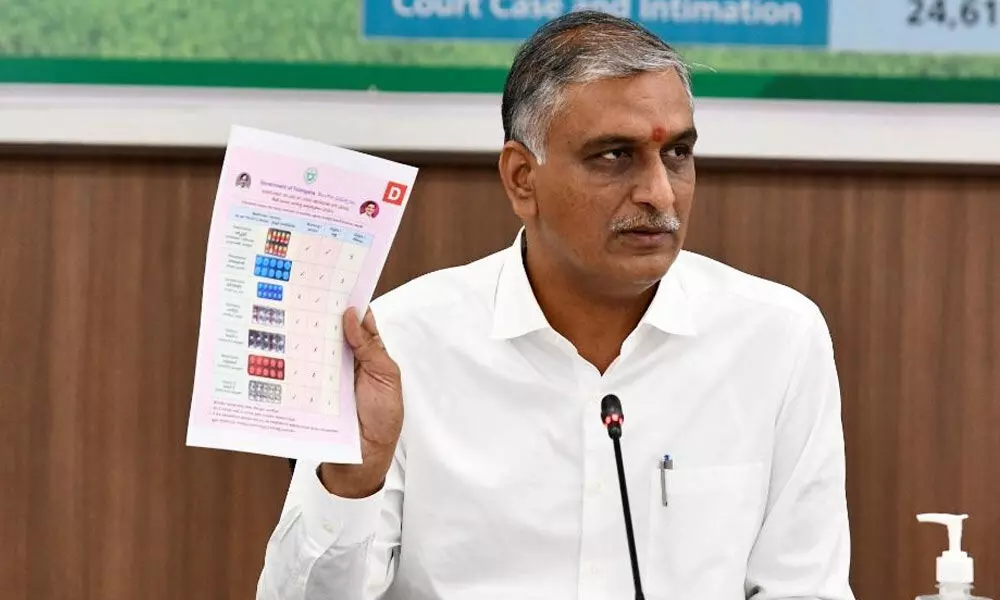 Harish Rao showing Home Isolation kit poster