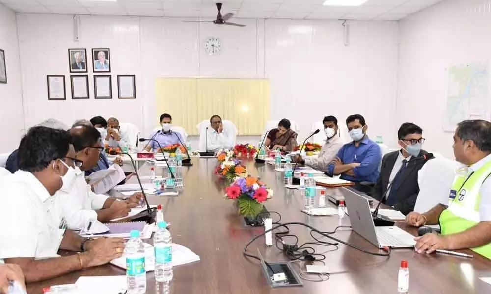 State Irrigation Chief Secretary Dr Rajat Kumar and Secretary (CMO) Smitha Sabharwal chairing a review meeting with all the officers in Kothagudem on Saturday