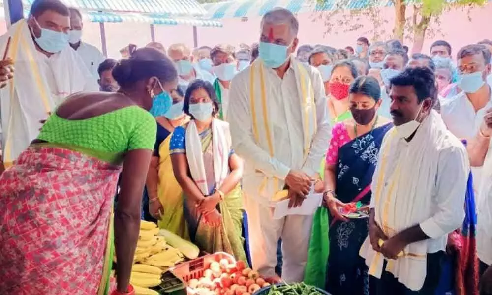 Minister T Harish Rao interacting with a vegetable vendor in Bejjanki on Saturday