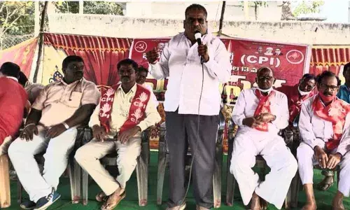 CPI National Council Member Takkallapally Srinivas Rao speaking at a meeting in Warangal on Saturday