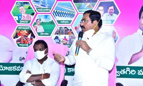 Minister for Panchayat Raj Errabelli Dayakar Rao speaking at a review meeting at Parvathagiri in Warangal district on Saturday