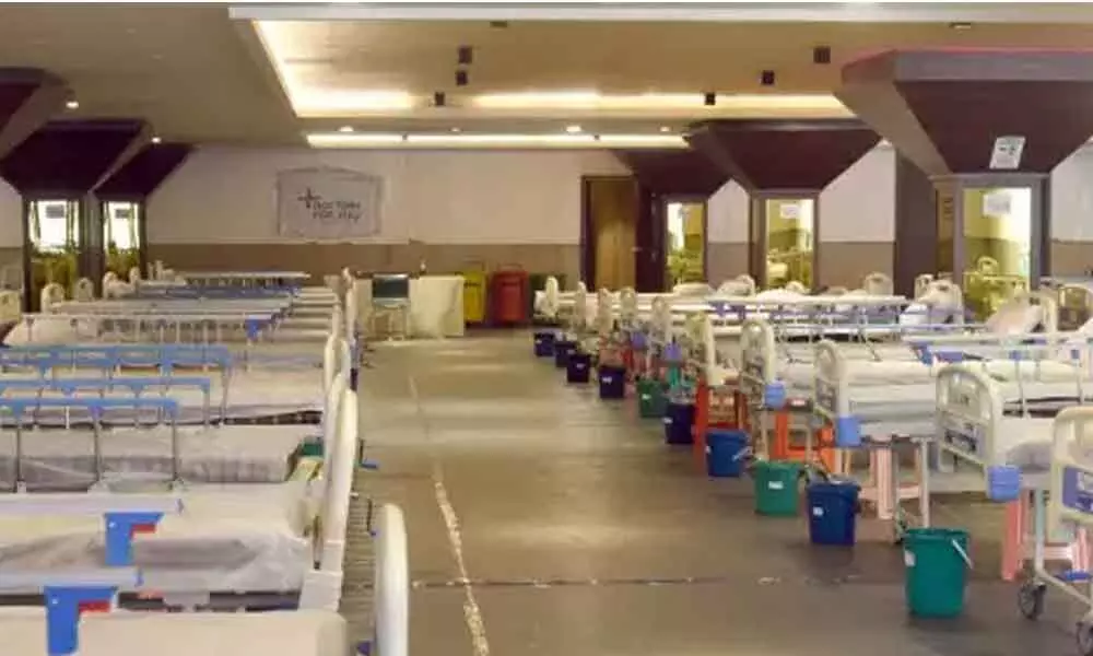 Inside view of the Shehnai Banquet Hall, a Covid-19 care facility, during the third wave of the coronavirus, in New Delhi on Monday