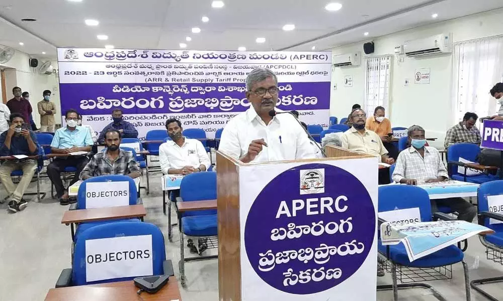 CPM leader Ch Babu Rao speaking at a virtual public hearing of APERC in Vijayawada on Monday