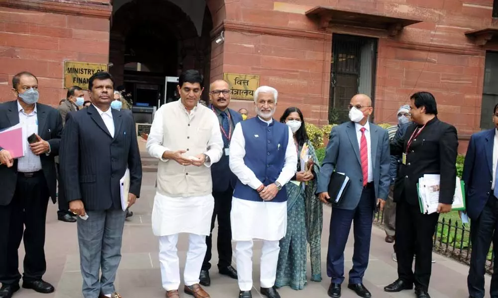 YSRCP Rajya Sabha member V Vijayasai Reddy, finance minister Buggana Rajendranath Reddy, chief secretary Sameer Sharma and others coming out of North Block, after meeting Union finance departmetn secretaries in New Delhi on Monday