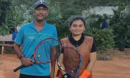 Dr Prabhavati and K Rajendra Prasad mixed double winners in the Tennis tournament organised by the South-Central Railway in Vijayawada on Sunday