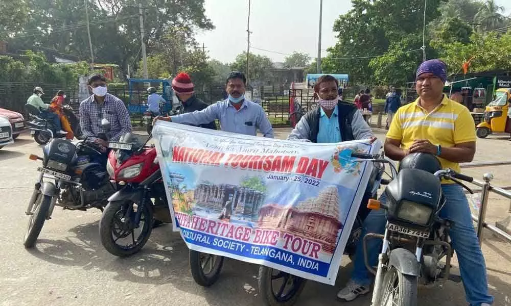 Seva Tourism and Cultural Society members taking out a bike rally from Thousand Pillars temple in Hanumakonda on Tuesday