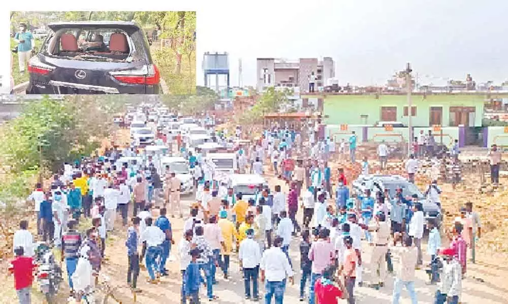TRS activists thwarting Arvind’s convoy; BJP MP Arvind’s damaged car(Inset)