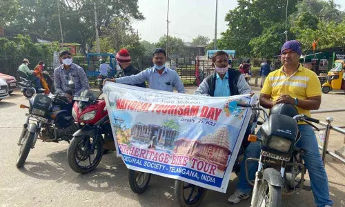 Seva Tourism and Cultural Society members taking out a bike rally from Thousand Pillars temple in Hanumakonda on Tuesday