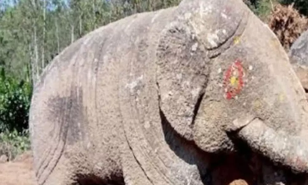 Stone Statue Of The Elephant In Karnataka Lifted Up And Had Been Installed It Straight