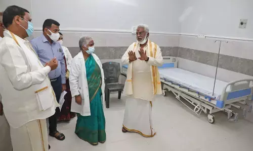 TTD Chairman Y  V Subba Reddy inspecting the facilities at the newly constructed payment based ‘special rooms for patients at SVIMS in Tirupati on Thursday. SVIMS Director B Vengamma is also seen.