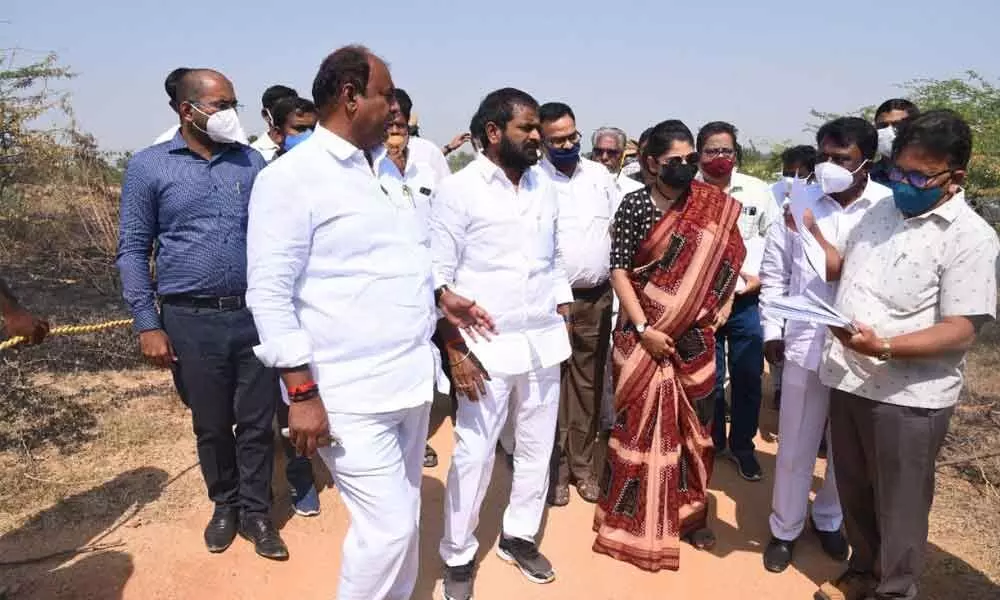 Secretary to Chief Minister Smita Sabarwal and Minister Dr V Srinivas Goud inspecting the Chinnonipally reservoir works at Gattu mandal in Gadwal district on Friday
