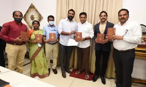 MAUD Minister K T Ramarao along with TSMDC Chairman Krishank Manne releasing the TSMDC diary in Hyderabad on Friday