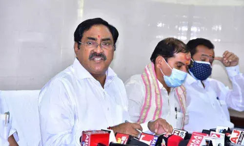 Minister for Panchayat Raj Errabelli Dayakar Rao addressing a press conference in Hanumakonda on Friday