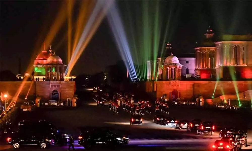 Light show using 1,000 drones to commemorate 75 years of Indias Independence, during the Beating the Retreat ceremony held at Vijay Chowk in New Delhi on Saturday