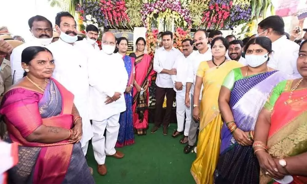 Minister for Municipal and Urban Development KT Rama Rao along with Education Minister Sabitha Indra Reddy laid foundation for development works in Maheshwaram on Saturday