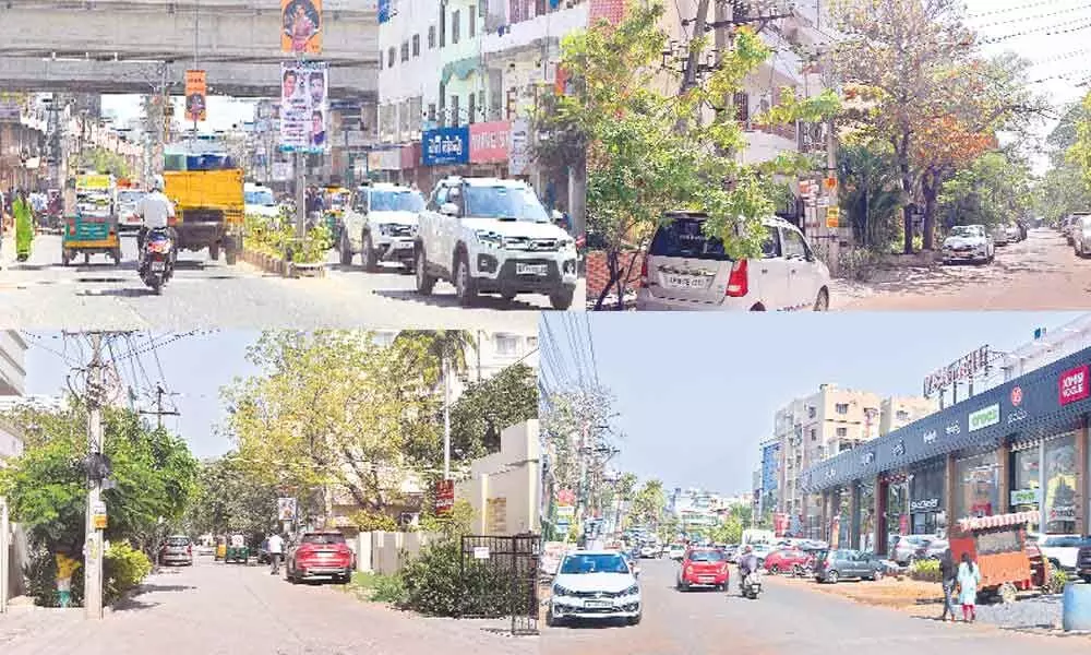 Trees in front of every house; CC road with trees on both sides in Gayathri Nagar; Showrooms in Gayathri Nagar