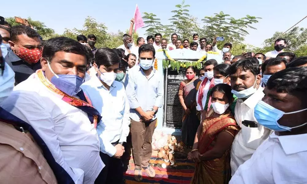 Minister K T Rama Rao laying a foundation for development works in Sircilla district on Tuesday