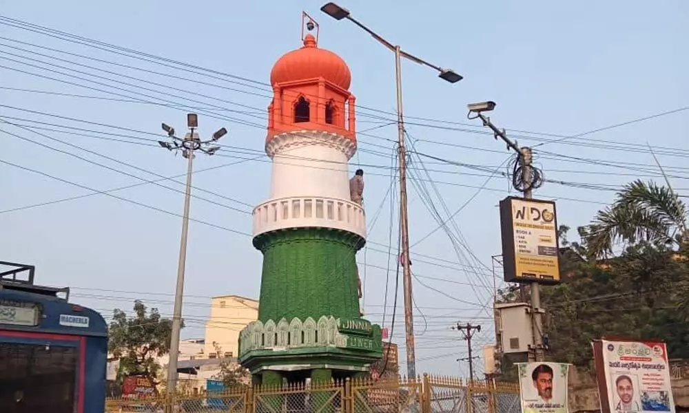Jinnah Tower painted with the colours of national flag in Guntur city on Tuesday