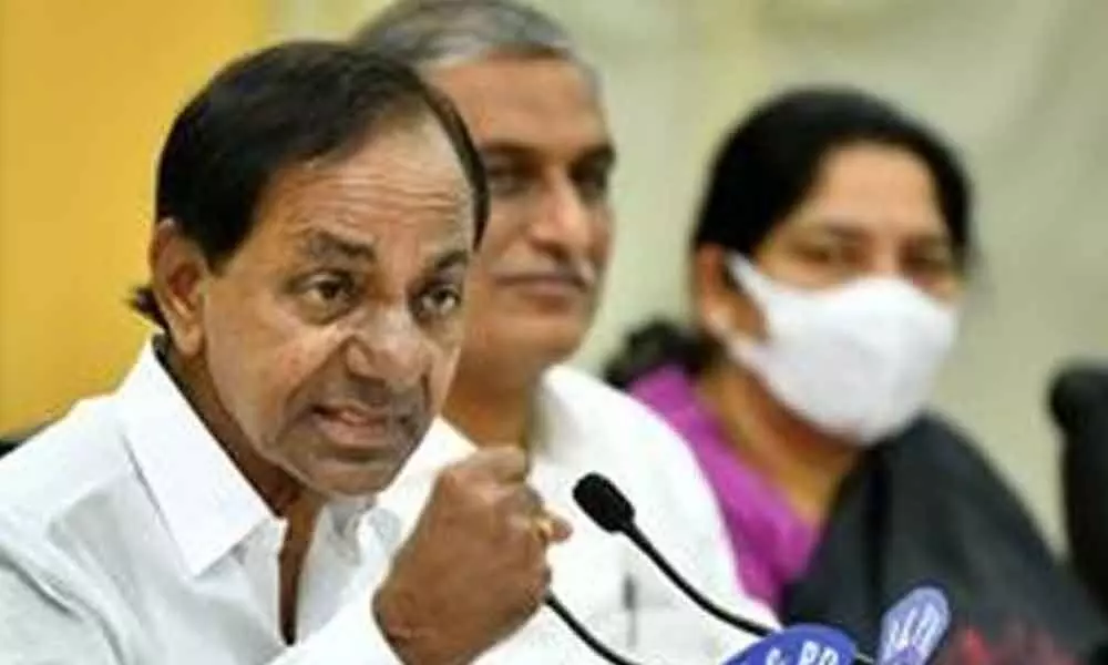 Chief Minister K Chandrashekhar Rao gestures during a press conference on Union Budget, in Hyderabad on Tuesday