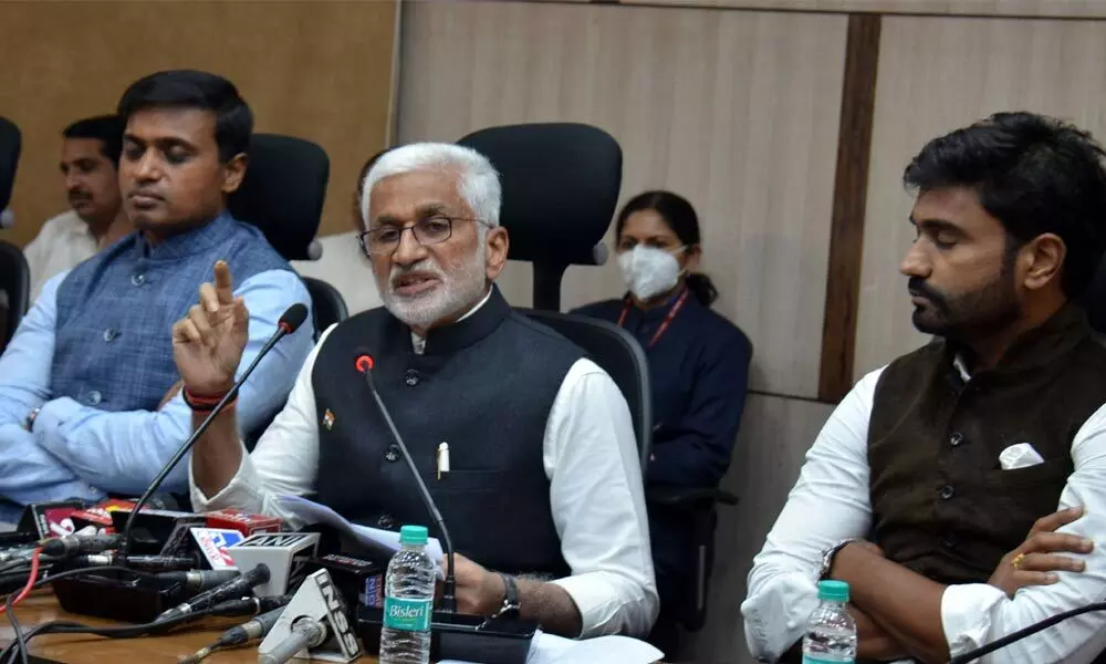 YSRCP Parliamentary Party leader V Vijayasai Reddy and others addressing the media on Union budget, in New Delhi on Tuesday