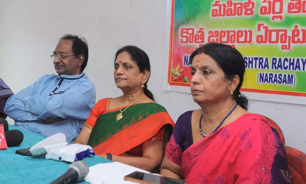 The members of Navyandhra Rachaitrula Sangham speaking at a press meet in Vijayawada on Wednesday