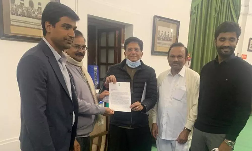 Ongole MP Magunta Srinivasulu Reddy and other MPs submitting a representation to Union Minister of Commerce and Industry Piyush Goyal in New Delhi on Wednesday