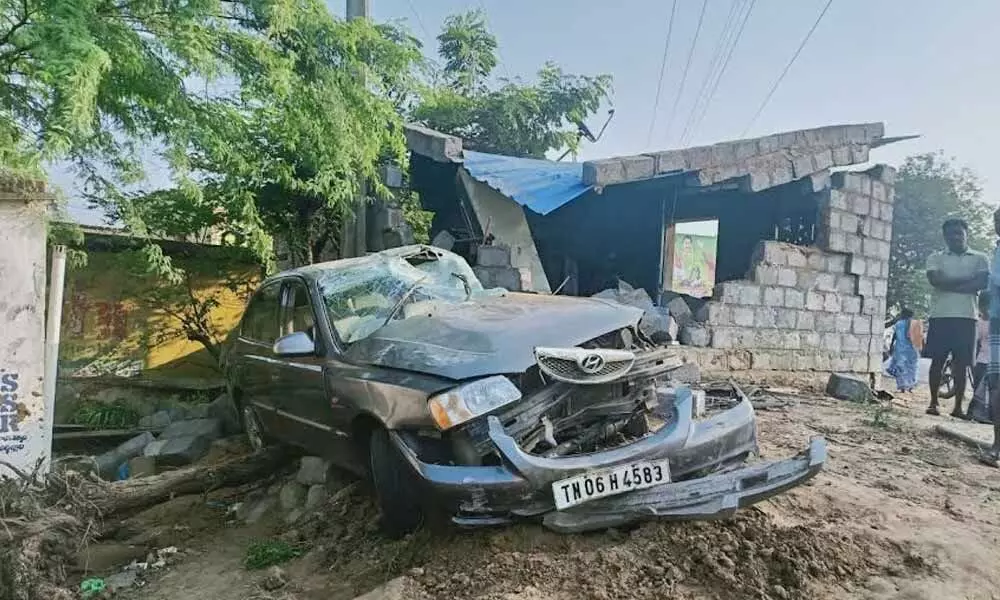 The car that rammed into a house at ST Colony of Peddakannali in Thottambedu mandal in Chittoor district in the early hours of Wednesday