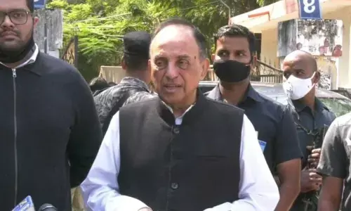 BJP Rajya Sabha member Dr Subramanian Swamy is speaking to the media in the court premises in Tirupati on Thursday