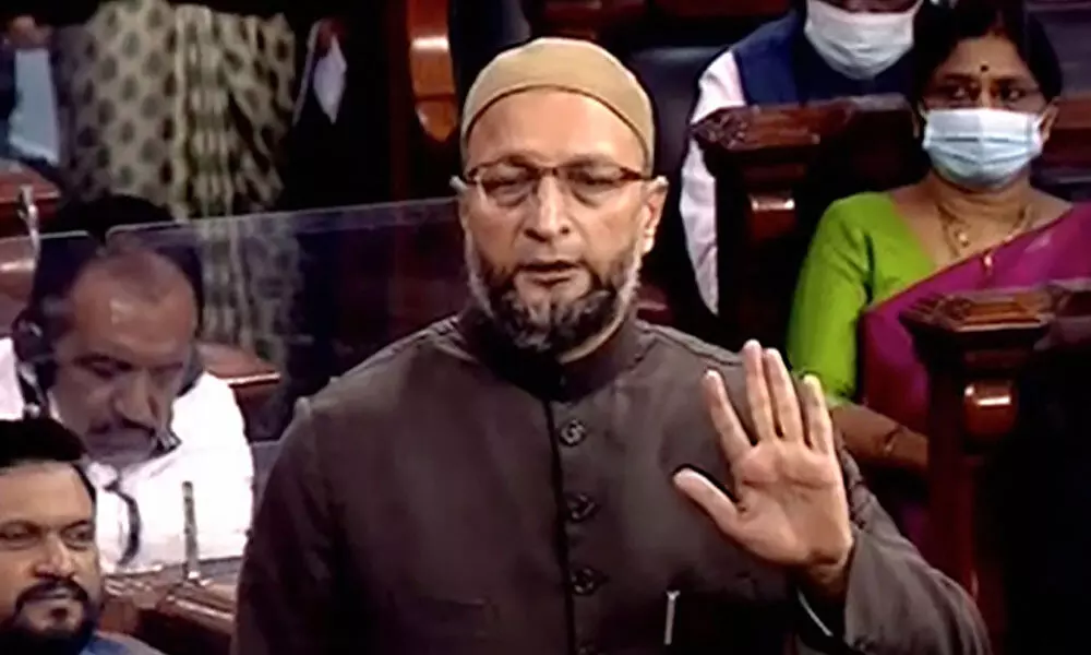 AIMIM MP Asaduddin Owaisi speaks in the Lok Sabha during ongoing Budget Session of Parliament, in New Delhi, Friday