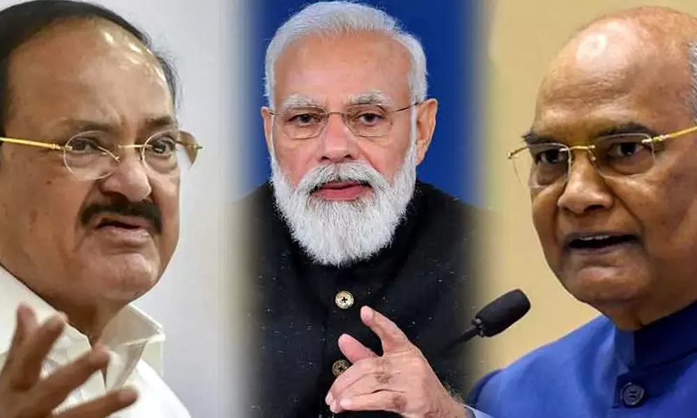 VP M Venkaiah Naidu, PM Narendra Modi and President Ram Nath Kovind