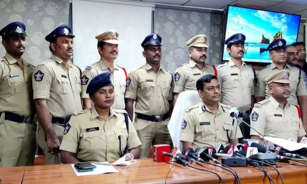 Commissioner of Police Manish Kumar Sinha at a media conference in Visakhapatnam on Saturday