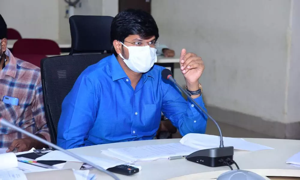 District Collector VP Gautham during a video conference programme with PR department officers in Khammam on Saturday