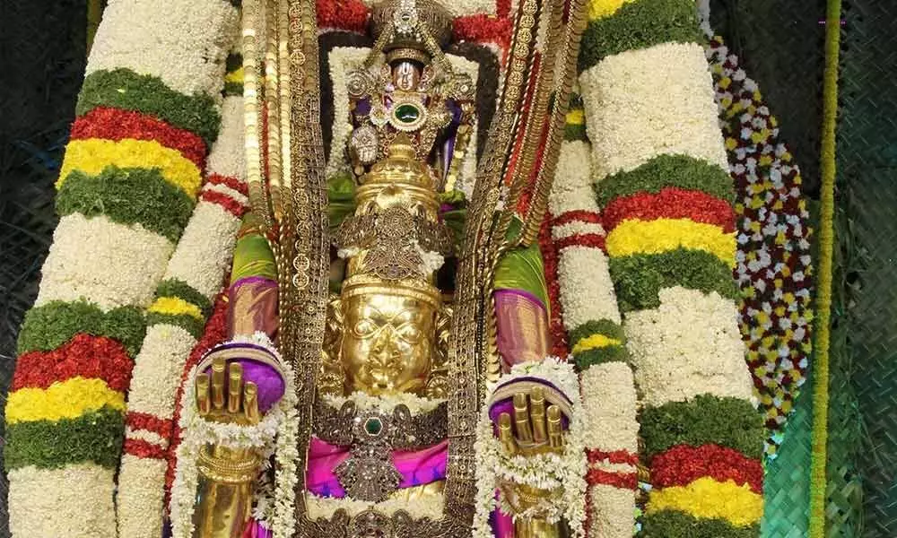The processional deity was mounted on Garuda vahanam, the most important vahanam among the seven to be conducted on Ratha Saptami  day in Tirumala temple. (File photo)