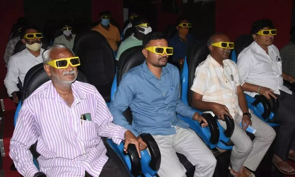 Shilparamam CEO Shyamsundar Reddy,  AO Khadarvalli and others watching 12D cinema after inauguration  in Tirupati  on Saturday