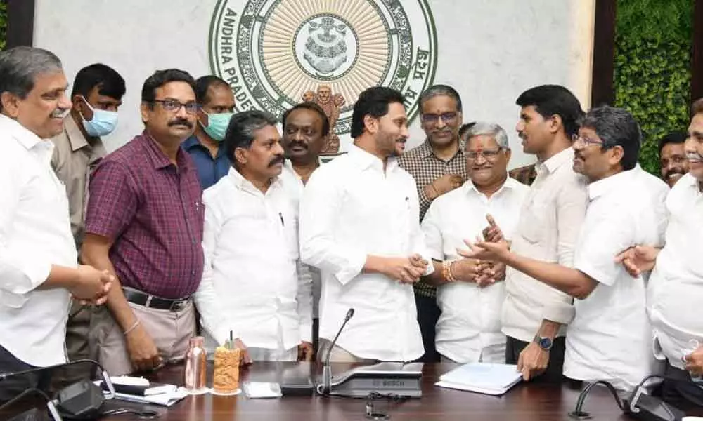 Chief Minister YS Jagan Mohan Reddy with Employees union leaders (File Pic)