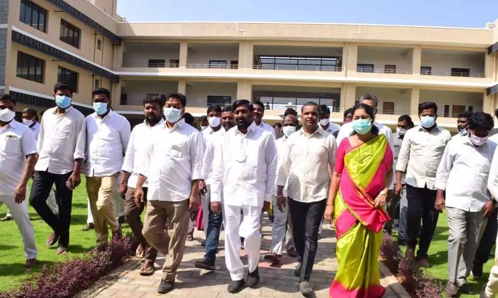 Minister Jagadish Reddy along with Government Whip Gongidi Sunitha and MLAs Shekar Reddy, Gadari Kishore inspecting newly constructed Integrated Collectorate in Bhongir on Monday