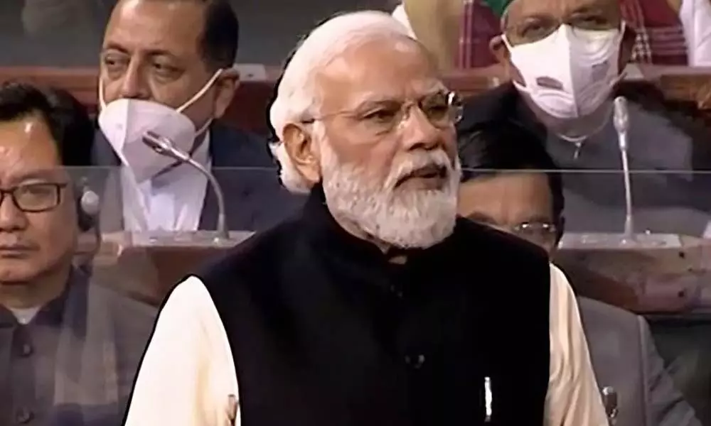 Prime Minister Narendra Modi speaks in Lok Sabha during the ongoing Budget Session of Parliament on Monday