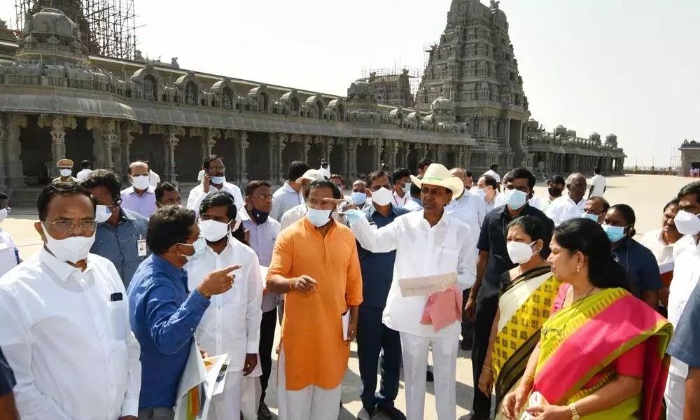 Chief Minister K Chandrashekar Rao reviewing renovation works of Yadadri temple on Monday