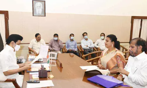 Nagari MLA R K Roja holding talks with Tamil Nadu Chief Minister M K Stalin in Chennai on Monday over weavers’ issue and Tamil students issue.