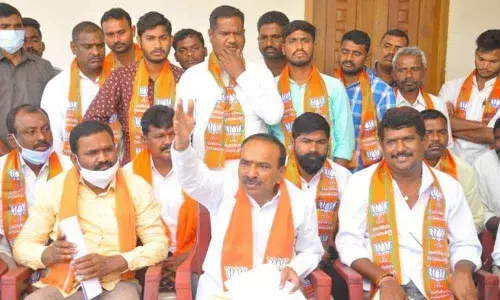 MLA E Rajender speaking to the media at Huzurabad in Karimnagar district on Monday