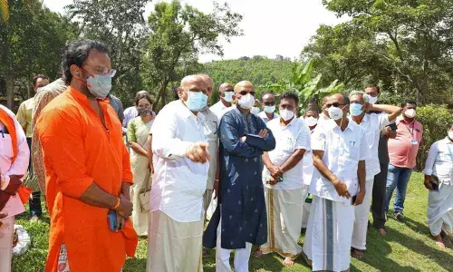 TTD EO K S Jawahar Reddy and others inspecting Anjanadri area at Tirumala on Tuesday