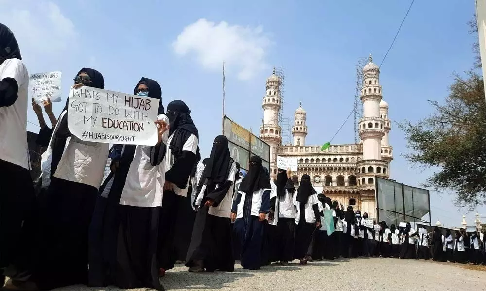 Karnataka hijab row: Students stage protest in Hyderabad